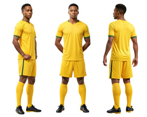 African professional soccer player in multiple angle wearing a yellow jersey, isolated background