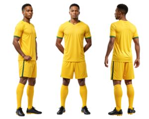 African professional soccer player in multiple angle wearing a yellow jersey, isolated background