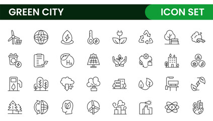 Line icons about green city. Sustainable development. Contains such icons as renewable energy, autonomous building, air and water quality.