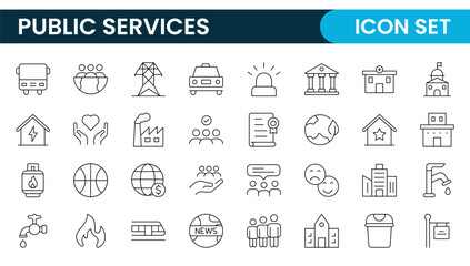 Set of outline Public Services icons. Minimalist thin linear web icon set. Line icons related to public utilities. Gas, electricity, water, heating.