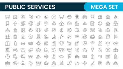 Set of outline Public Services icons. Minimalist thin linear web icon set. Line icons related to public utilities. Gas, electricity, water, heating.