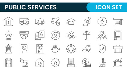 Set of outline Public Services icons. Minimalist thin linear web icon set. Line icons related to public utilities. Gas, electricity, water, heating.