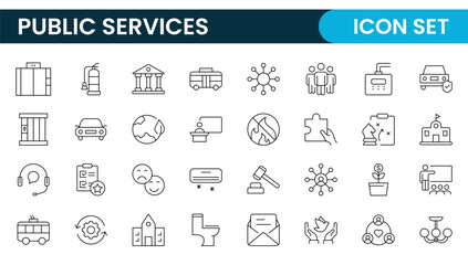 Set of outline Public Services icons. Minimalist thin linear web icon set. Line icons related to public utilities. Gas, electricity, water, heating.