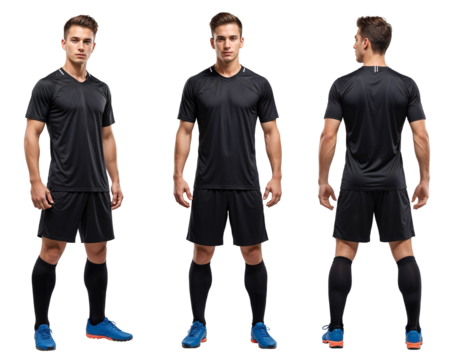 Turnaround angle of a football player in plain black mockup in isolated background