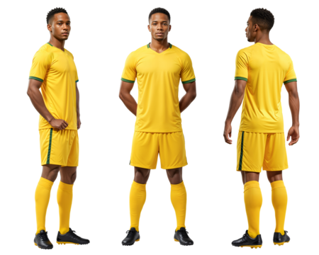 African professional soccer player in multiple angle wearing a yellow jersey, isolated background