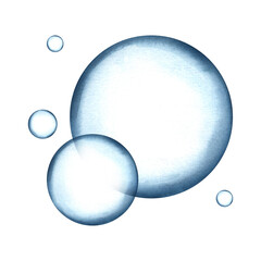 Two bubbles, blue. Watercolor illustration. Soap bubble, cleanliness and skin care concept. SPA and cosmetology. Round shaped foam balls for background, packaging, label, banner