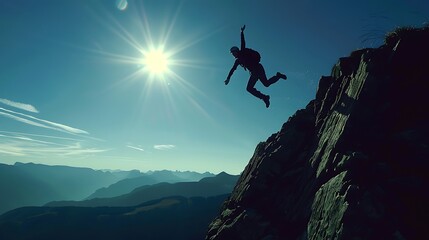 Silhouette of a Climber Leaping Off a Mountain Peak