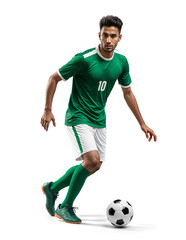 Indian football player with soccer ball in green jersey with isolated background