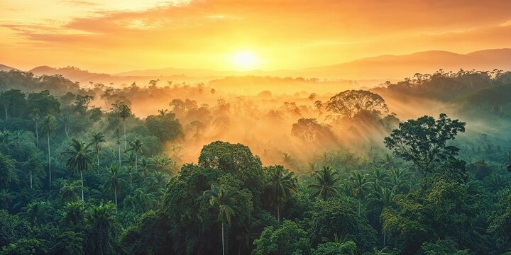 Enchanting Aerial Photograph of Golden Light streaming through the Wilderness. Nature Background with Trees and Green Foliage.