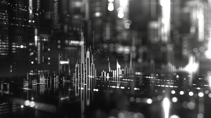 Obraz premium Futuristic black and white digital landscape with abstract data visualizations and cityscape elements, creating a modern technology vibe.