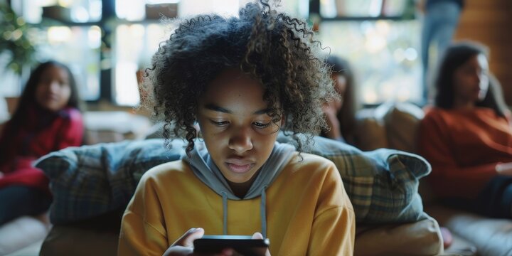 A teenager texting on a smartphone with friends, staying connected through social media and messaging - Powered by Adobe