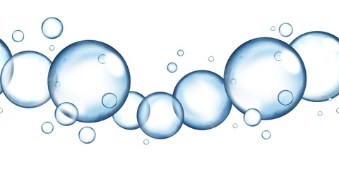 Bubbles, seamless pattern. Watercolor illustration. Horizontal border of soap bubbles. Cleanliness and skin care concept. SPA and cosmetology. Ornament for background, packaging, textile, wallpaper