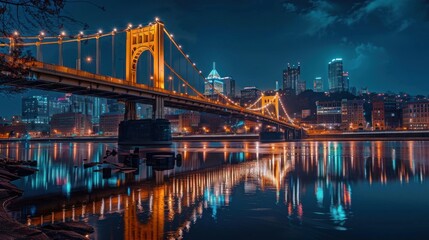 Naklejka premium Night Lights Reflecting on the River in Pittsburgh