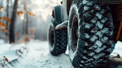 Close-up of a rugged off-road vehicle tire in snowy forest terrain with autumn leaves and blurry background.