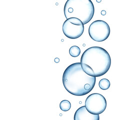 Flying bubbles. Watercolor illustration. Template - Cleanliness and skin care concept. SPA and cosmetology. Border for background, packaging, label, banner, party invitation