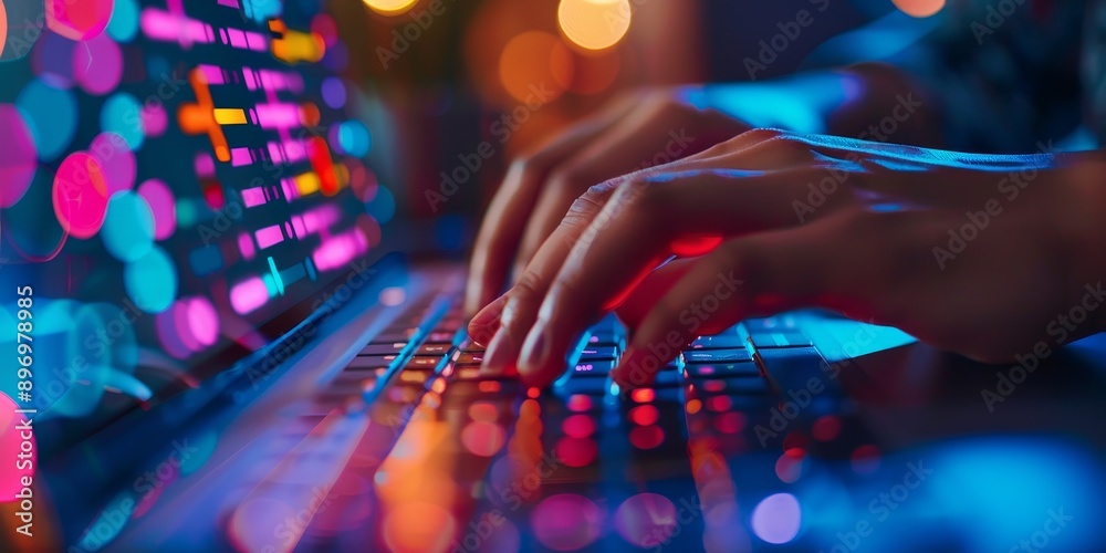 Wall mural a close-up of a person's hands using a laptop keyboard, with a focus on the illuminated keys and dig