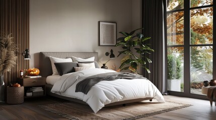 Elegant Halloween bedroom with sophisticated décor, rich textures, and subtle spooky elements like carved pumpkins and black velvet drapes.