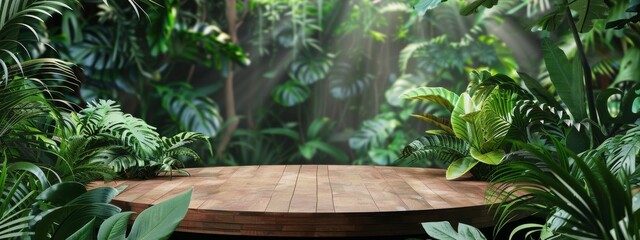 Podium, wooden in tropical jungle background platform surrounded by a dense tropical leaves foliage minimalistic background product display stand stage platform. minimal scene beauty green tones