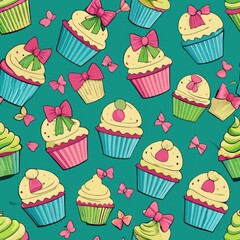 Seamless pattern of cupcakes with bow decorations, Generative AI