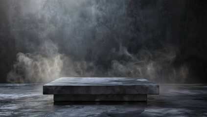 Stone podium for product presentation on dark background with fog and cliffs black dark smoke background product platform spotlight. dramatic table concrete wall scene place display studio smoky dust