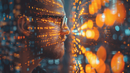 Person wearing glasses looking at digital code reflections with glowing orange and blue lights