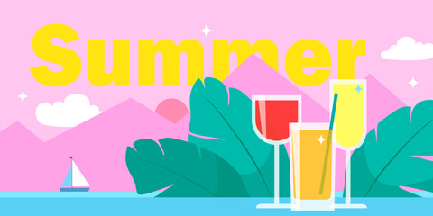 Bright cocktails in flat style on the background of mountains. Summer banner.