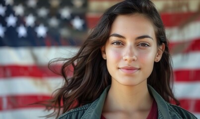 Obraz premium Young female voter standing in front of American flag. Free copy space for banner.