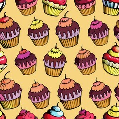 Seamless pattern of cupcakes with chocolate drizzle, Generative AI