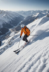  A person skiing down a snowy mountain slope, surrounded by breathtaking scenery. 