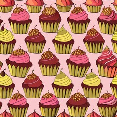 Seamless pattern of cupcakes with chocolate drizzle, Generative AI