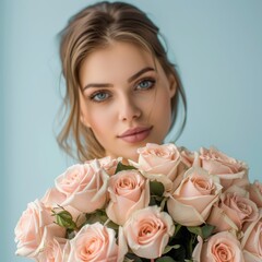 Flowers delivery, woman with bouquet, beautiful roses, floral celebration, light blue background