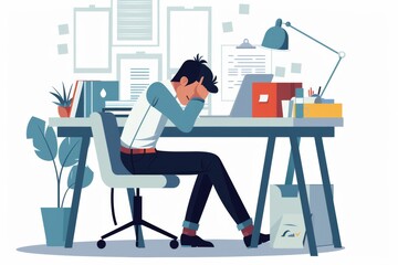 Sad office worker drawing, tired manager, sad person, having bad day, overworked burnout