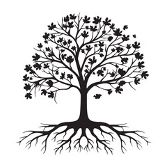 Maple tree with deep roots silhouette, black vector illustration on white background