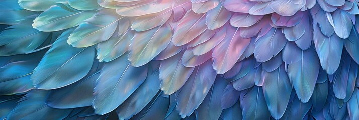 Obraz premium Blue Color Feathers Background, Rainbow Tint Colored Plumage, Scaly Wings Texture, Copy Space