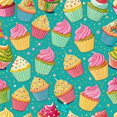 Seamless pattern of cupcakes with colorful sprinkles, Generative AI