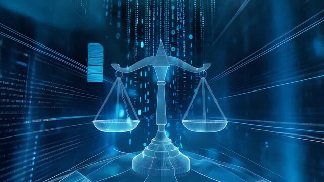 Digital Scales of Justice with Binary Code Background - Symbol of Cyber Law and Digital Justice