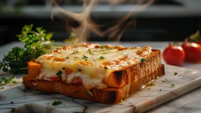 Gourmet Grilled Croque Monsieur with Fresh Herbs and Tomatoes on a Marble Cutting Board