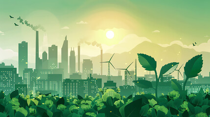 Illustration of a cityscape featuring factories emitting smoke and wind turbines, with green plants in the foreground.