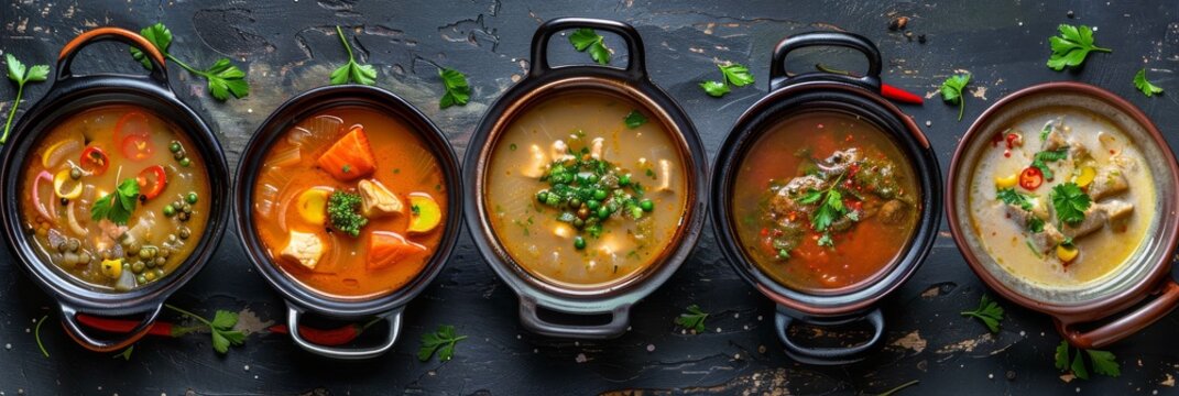 Asian Soups Set with Kespe Soup, Kullama or Beshbarmak, Fish Soup Bouillabaisse