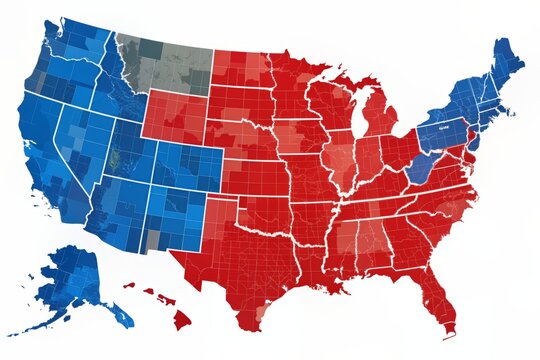 Vibrant electoral map of the United States displays a colorful breakdown of presidential election results, with states shaded in red, blue, and various hues in between.