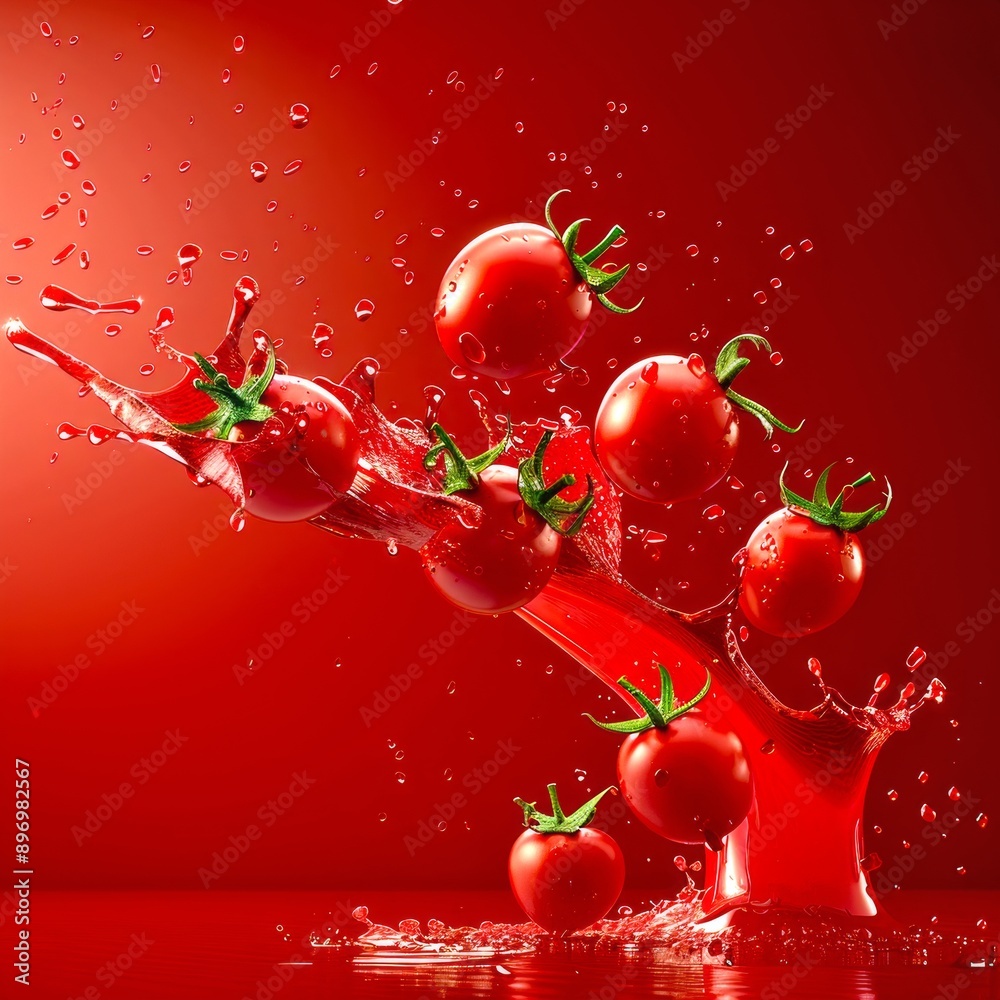 Poster Ripe red tomatoes splashing in mid-air surrounded by a vibrant red background. Captivating and dynamic, this vibrant food photography is perfect for marketing, ads, or culinary websites. AI