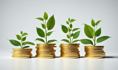 Four green plants growing on a stack of golden coins
