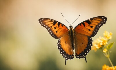 Obraz premium Orange butterfly with black and white markings landing on yellow flowers