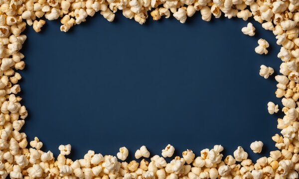 Overhead view of popcorn frame on blue background