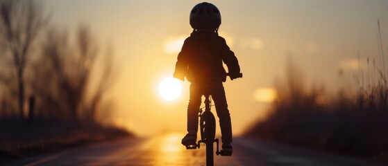 Silhouette of a Child Riding a Bicycle at Sunset on a Country Road