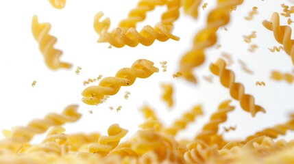 Obraz premium A close-up view of raw fusilli pasta falling against a white backdrop. The pasta is spiraling gracefully through the air, creating a dynamic and elegant composition. Generative AI