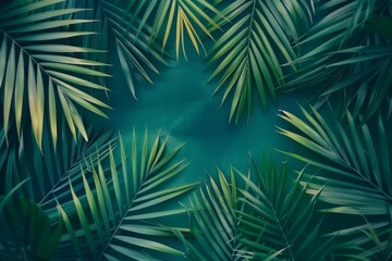 Obraz premium Tropical Palm Leaves on a Lush Green Background for Nature Inspired Design
