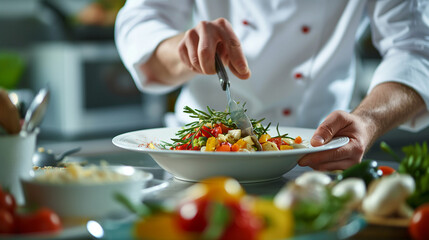 Chef garnishing fresh salad in a professional kitchen with vibrant vegetables