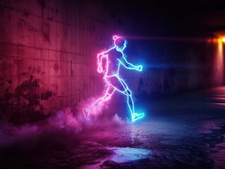Obraz premium Neon Runner in Dark Urban Tunnel with Vibrant Pink and Blue Light Trails