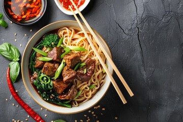 Bowl of beef noodle soup with chopsticks, fresh herbs, and spices on dark stone background